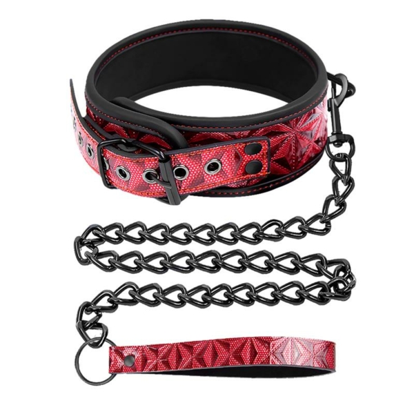 Adjustable Collar With Leash Diamond Vegan Leather - immagine 2