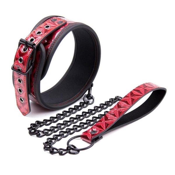 Adjustable Collar With Leash Diamond Vegan Leather - immagine 3