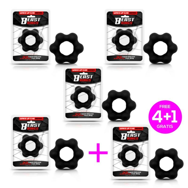 Pack 4+1 Black Liquid Silicone Cock Ring 2.2 cm
