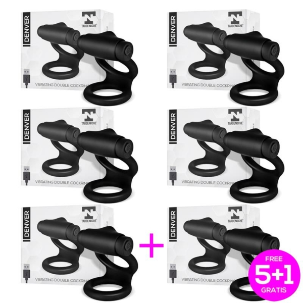 Pack 5+1 Denver DOUBLE COCKRING WITH VIBRATING BULLET USB SILICONE BLACK