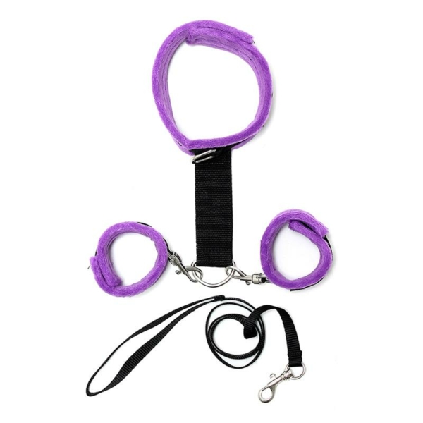 Handcuffs to Collar with Leash Adjustable and Detachable Purple - immagine 2