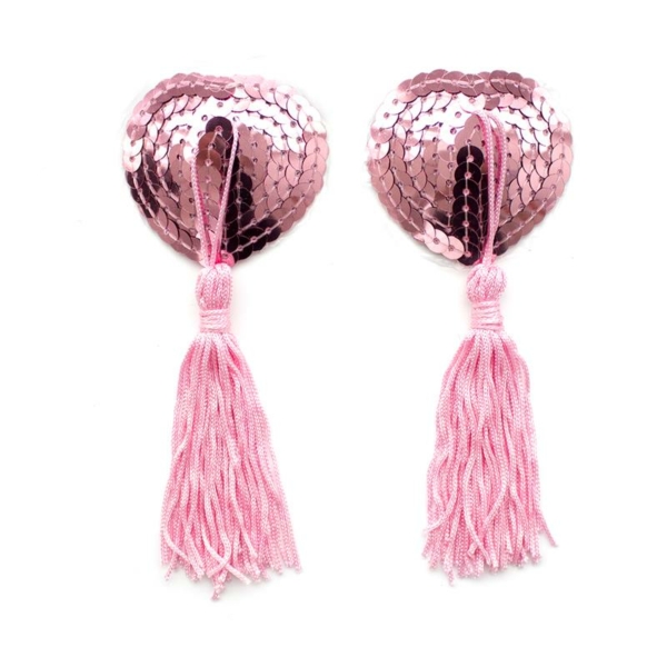 Self-Adhesive Heart Sequin Nipple Cover with Tassel Pink - immagine 2