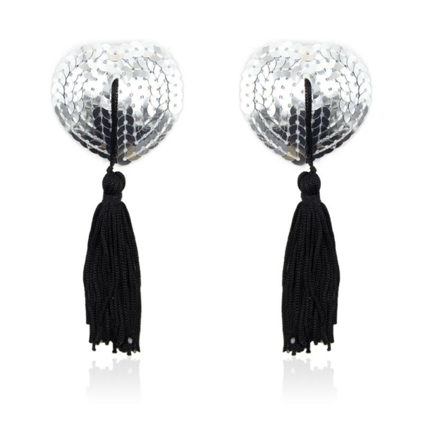 Self-Adhesive Heart Sequin Nipple Cover with Tassel Silver/Black